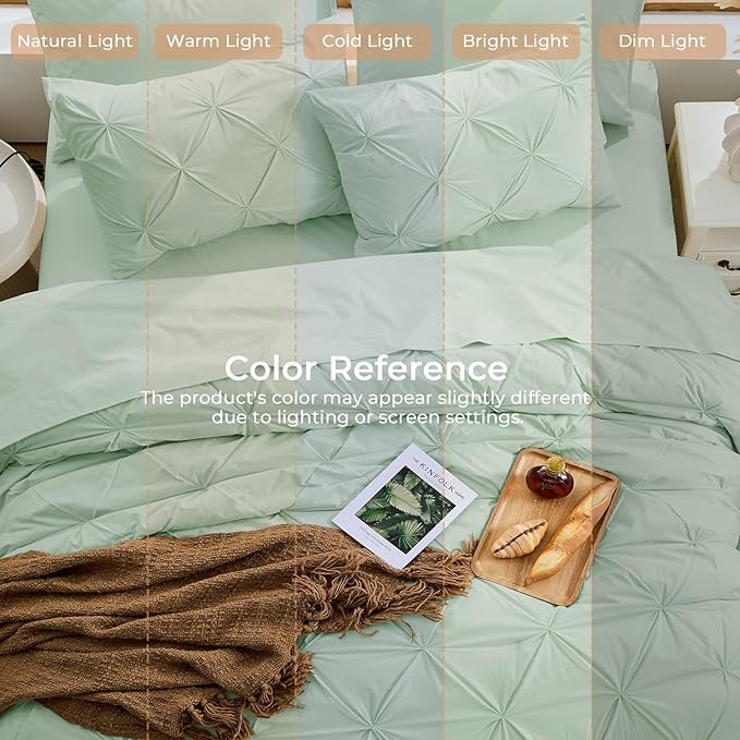 Sasttie Twin Comforter Set, 5-Piece Bed in a Bag, Pintuck Bedding Sets for All Season, Includes Comforter, Flat Sheet, Fitted Sheet, Pillowcase and Pillowsham, Light Sage Green