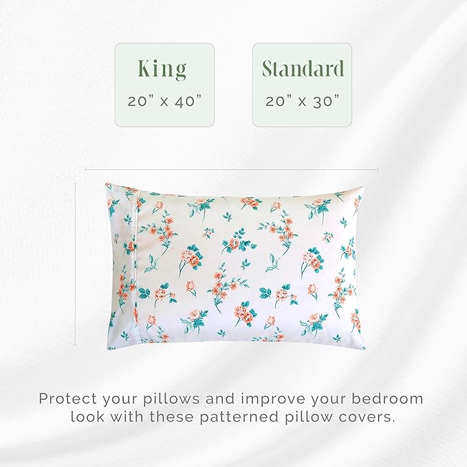 Elegant Comfort Ultra Soft Set of 2 Floral Print Pillowcases - 1500 Premium Hotel Quality Microfiber, Soft and Smooth Envelope Closure 2-Piece Pillow Covers - King, Pink Celia