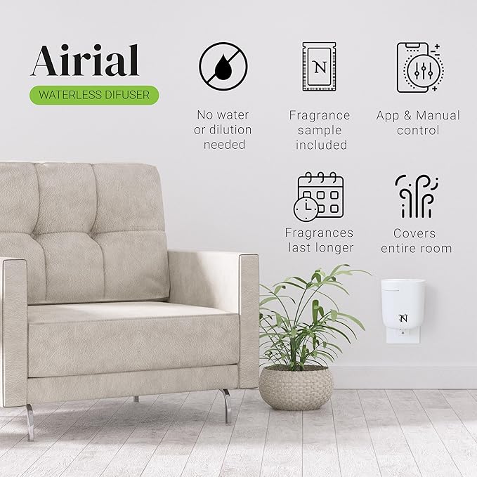 Airial Plug-in Essential Oil Diffuser with White Tea Sample, Waterless Cold-Air Scent Diffusers for Home or Office, Bluetooth & App Control, Adjustable Intensity Covers Up to 300 Sq. Ft