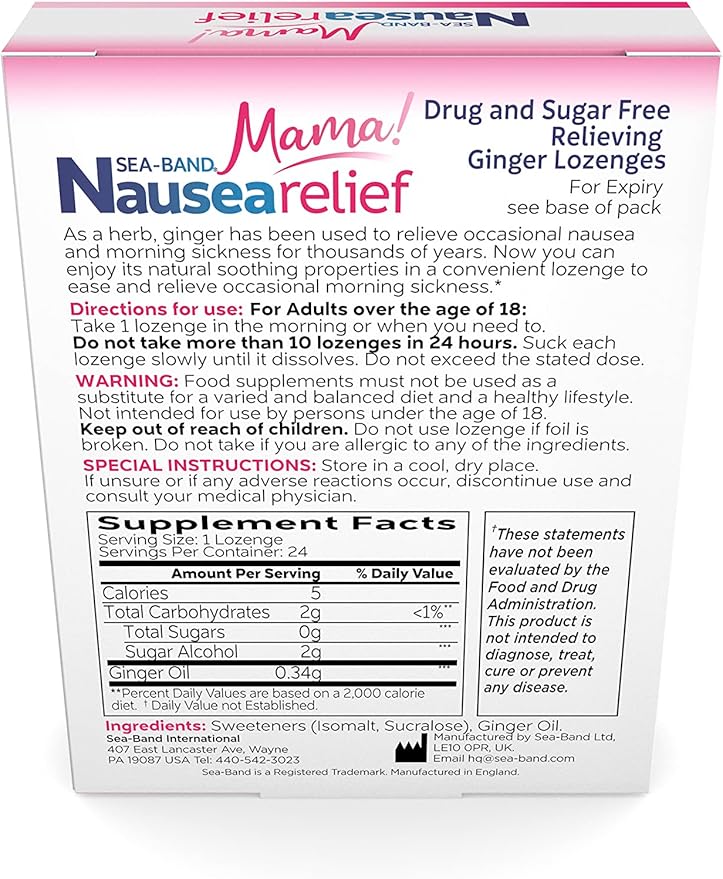 Sea-Band Mama Maternity Kit That Includes: 1 Pair of Maternity Anti Nausea Morning Sickness Bands, Drug-Free Nausea Relief Ginger Lozenges, and an Aromatherapy Calming Rollette with Essential Oils