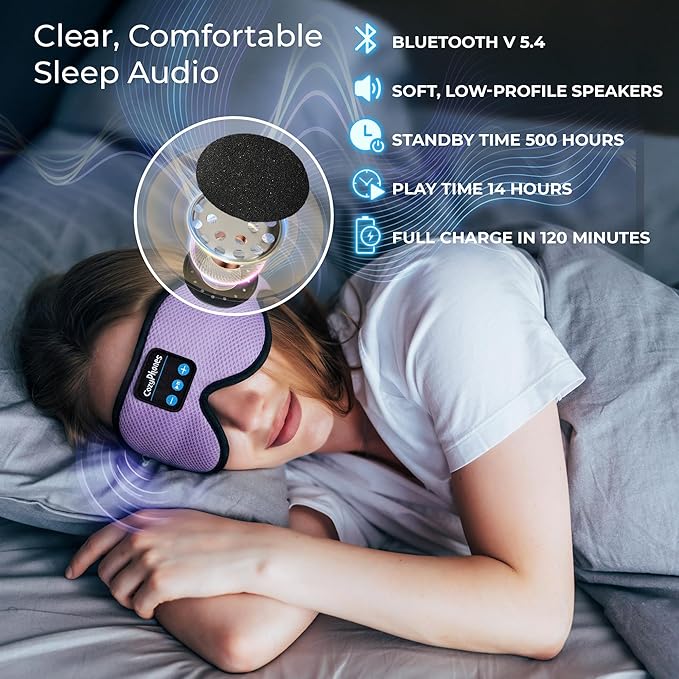 CozyPhones Bluetooth Sleep Mask Headphones for Adults – Wireless Sleep Headphones for Side Sleepers, Breathable Eye Mask for Travel, Meditation & Tinnitus Support - Lavender