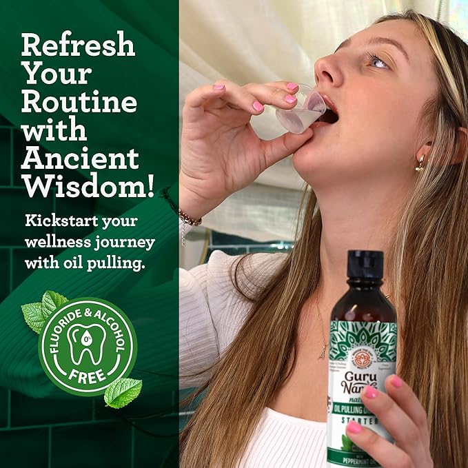 GuruNanda Starter Pulling Oil Mouthwash for Natural Teeth Whitening, Coconut and Peppermint Oil for Fresh Breath & Happy Gums, with Tongue Scraper, Alcohol-Free, 2X8 Oz (Pack of 2)