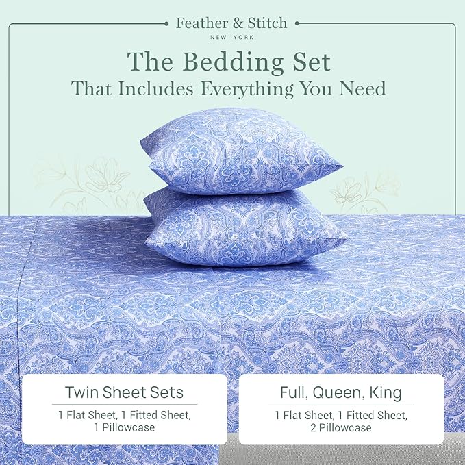 Feather & Stitch Softest 100% Cotton Sheets, 300 Thread Count Percale Weave Bedding, 16" Deep Pocket, Cooling Sheets, Breathable Bed Set, Hotel Premium Quality (Full, Blue Paisley)