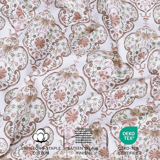 Feather & Stitch Printed 500 TC Queen Size 4pc Damask Bed Sheet Set, 100% Soft Cotton Breathable Bedsheets, 18" Deep Pockets Sateen Weave Striped Bedding Mattress Resort Hotel Luxury - Floral Bloom