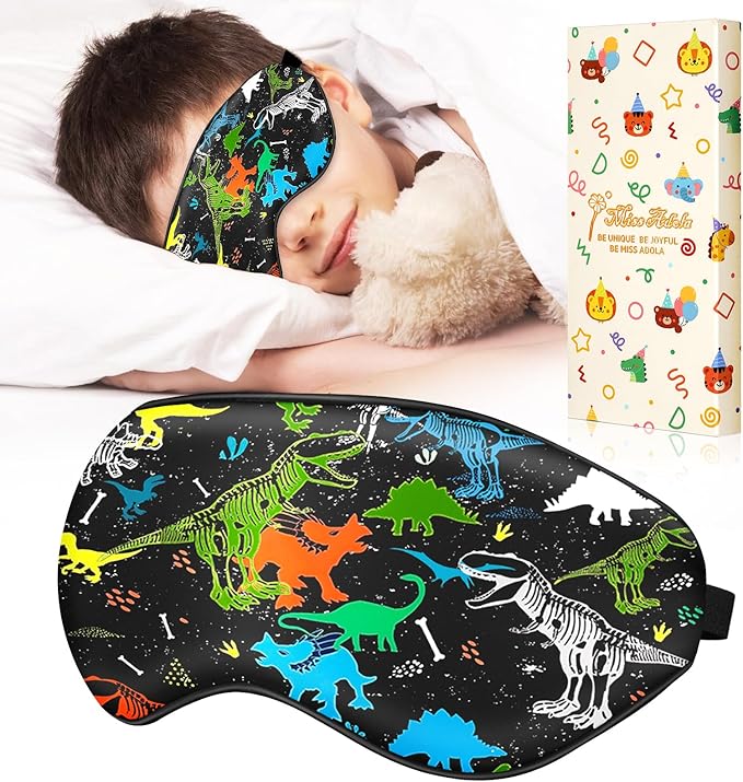 Miss Adola Sleep Mask for Kids - Silk Eye Mask for Sleeping Cute Cartoon Kids Sleep Mask for Boys Girls Teens Soft Smooth Adjustable Straps Silk Kids Eye Cover, Black Dinosaur