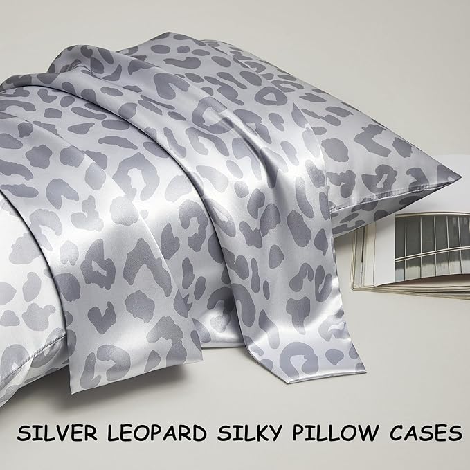 Satin Pillowcase for Hair and Skin, Similar to Silk Pillow Cases Queen Size Pack of 2 Satin Pillow Cases with Envelope Closure, Gift for Girls Women(20"x30", Leopard, Silver)