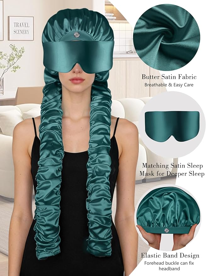 Satin Bonnet for Sleeping with Eye Mask，No Slip Sleep Bonnet with Long Curling Ribbons for Braids & Long Hair