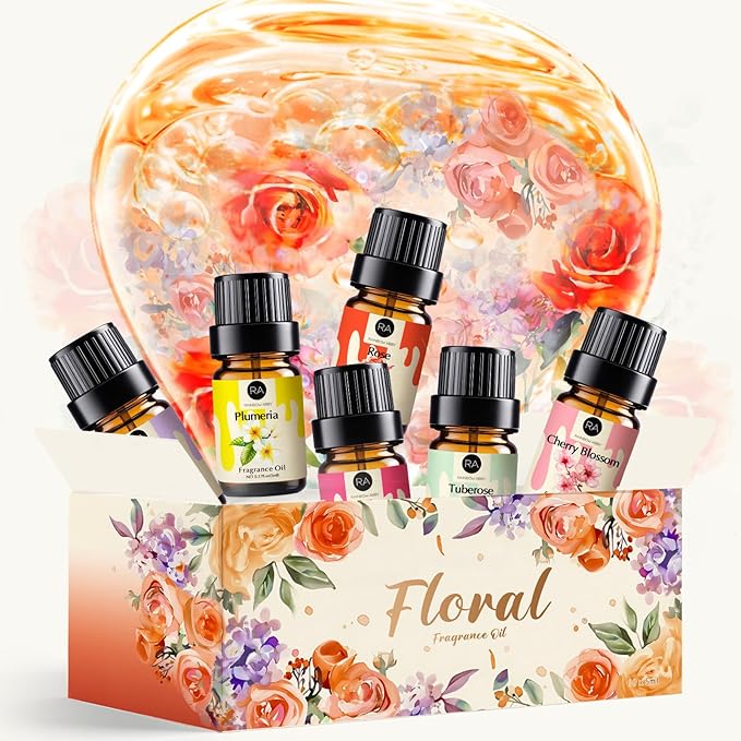 RAINBOW ABBY Floral Essential Oils Set, Premium Fragrance Oil for Candle & Soap Making, 10 Flower Scents in 5ML Bottles, Rose, Jasmine, Cherry Blossom, Gardenia, Plumeria, Peony