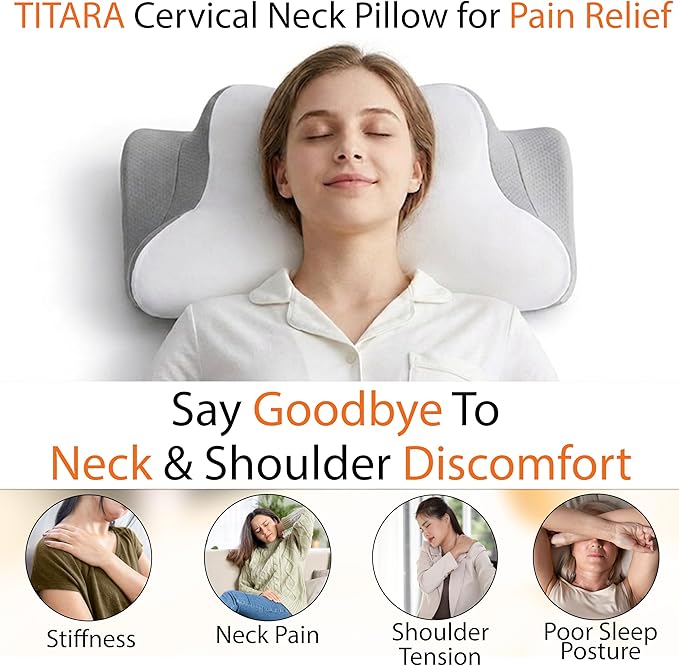 Cervical Neck Pillow for Pain Relief, Memory Foam Contour Pillow Dual Height 5.5/3.7 for Neck Shoulder Support – Ergonomic Orthopedic Cooling Pillow Side Back Stomach Sleepers Arm Support