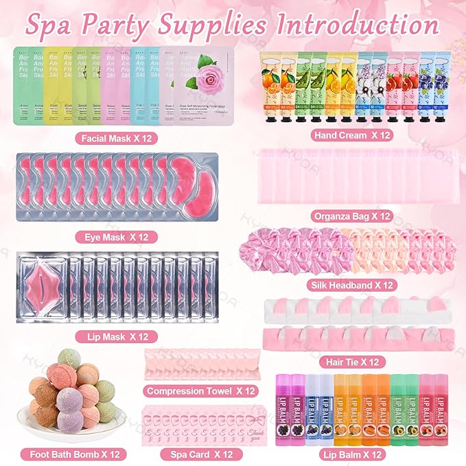 KYDA 132PCS SPA Party Supplies for Women, Include Face Masks, Hand Cream, Lip Balm, Under Eye Patches, Lip Mask, Foot Bath Bomb, Hair Tie and Hair Band, Spa Birthday Sleepover Party Supplies for Girl