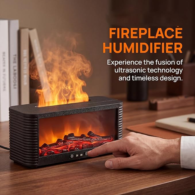 Flame Aroma Diffuser, 250ml Cool Mist Humidifier with Simulated Fireplace, 9 Color LED, 3H/6H Timer, Auto-Off, Black