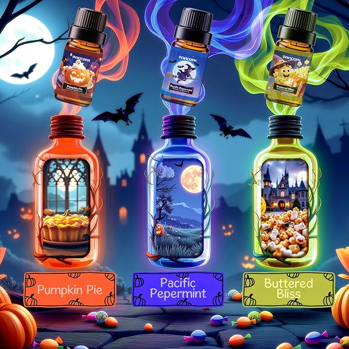 Halloween Fragrance Oils, Premium Essential Oils for Diffuser, Scented Oils for Candle & Soap Making - Pumpkin Pie, Fresh Cut Wood, Bonfire, Rainbow Candy, Pacific Pepermint, Buttered Bliss
