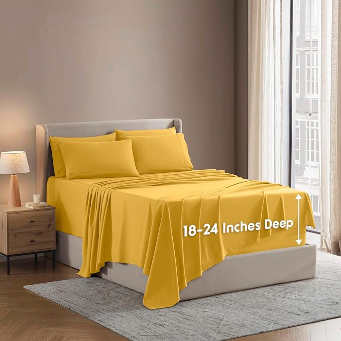 Nestl Extra Deep Twin Sheet Set - 4 Piece Breathable & Cooling Sheets - Hotel Luxury Bedding Set w/18-24 Inch Deep Pockets - Easy & Secure Fit - Super Soft, Wrinkle Free & Comfy - Yellow