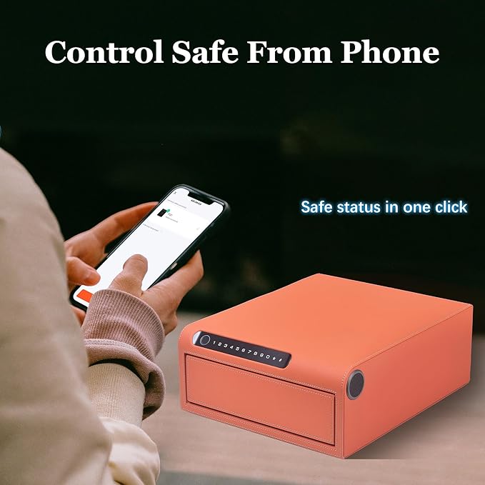 Biometric Fingerprint safe, Slide-Away Handgun Safe for Pistols, Leather Wrapped Jewelry Storage Safe, Drawer Safe for Home,Digital Keypad & Quick-Access Drawer (Orange-1 Drawer)