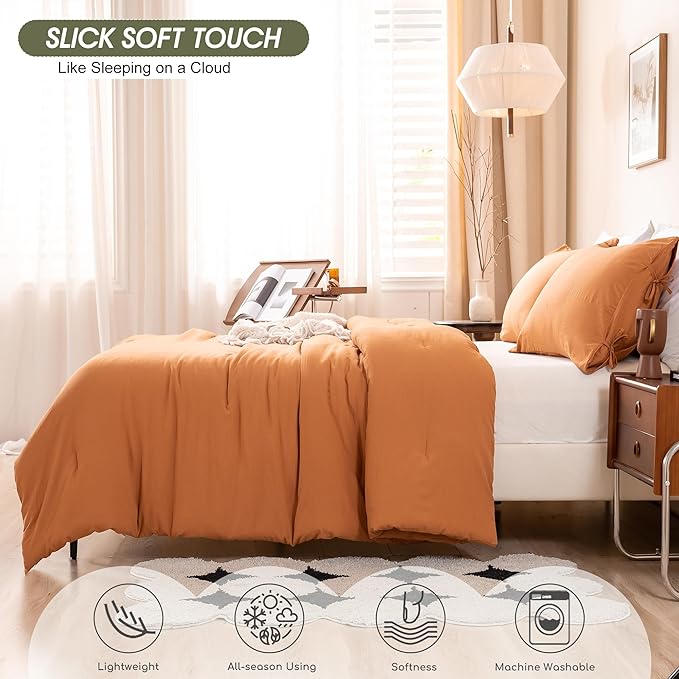 Burnt Orange Queen Size Comforter Set, Rust Comfy Fluffy Ultra Soft Polyester Cotton Blend, 3 Pieces Solid Terracotta Bedding Down Quilted Blanket Comforter & Pillowcase for All Season Use