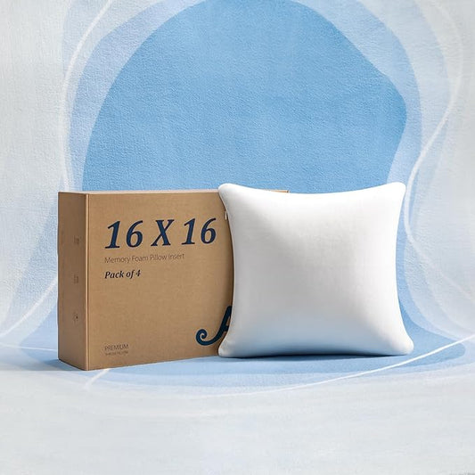 AM AEROMAX 16 × 16 Throw Pillow (Pack of 4) Memory Foam Pillow Insert - Square Accent Pillow for Decorative Cushion Bed Couch Sofa - Non-Deforming Over Time