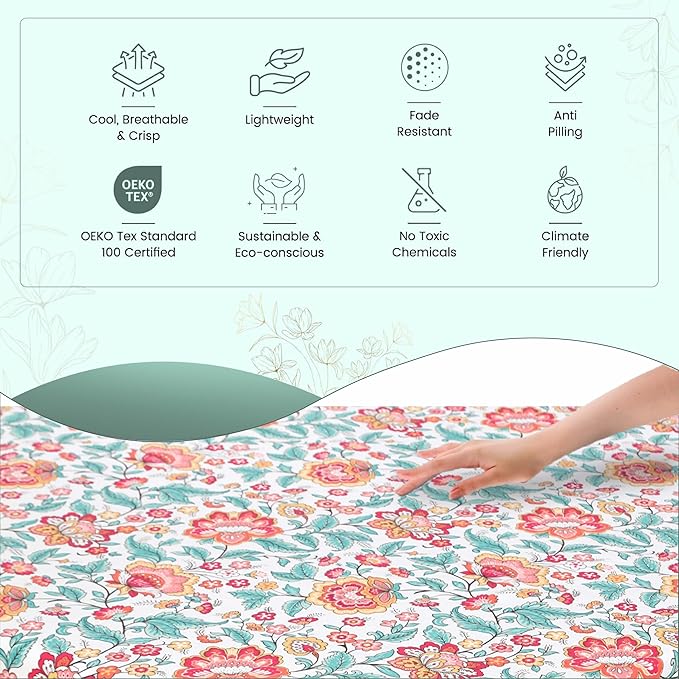 Feather & Stitch Softest 100% Cotton Sheets, 300 Thread Count Percale Weave Bedding, 16" Deep Pocket, Cooling Sheets, Breathable Bed Set, Hotel Premium Quality (Twin, Vintage Garden)