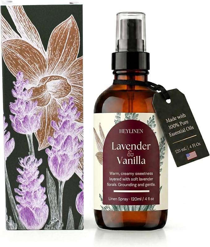 Lavender & Vanilla Linen Spray | Relaxing Aromatherapy Made with Pure Essential Oils | Fabric Freshener for Yoga Mats Living Room Couch Beddings | 4 fl oz