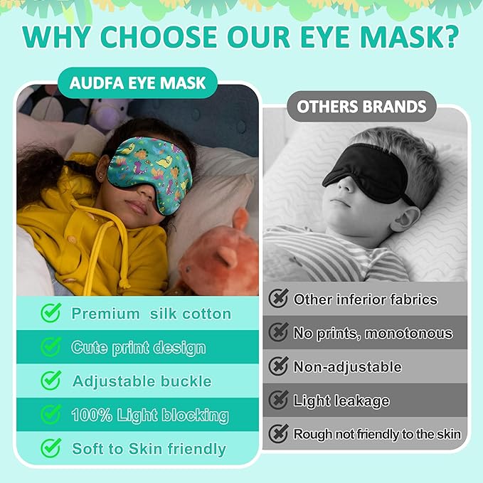 2 Pcs Sleep Mask,Cute Dinosaur World Blackout Sleeping Mask for Kids Teen,Funny Eye Mask with Adjustable Strap for Home Party Children's Travel Soft Eye Cover Blindfold (Black+Green)
