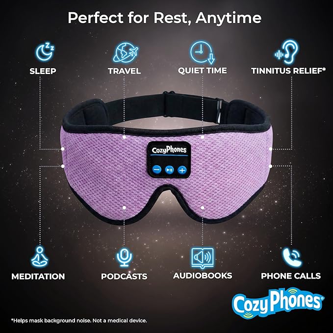 CozyPhones Bluetooth Sleep Mask Headphones for Adults – Wireless Sleep Headphones for Side Sleepers, Breathable Eye Mask for Travel, Meditation & Tinnitus Support - Lavender