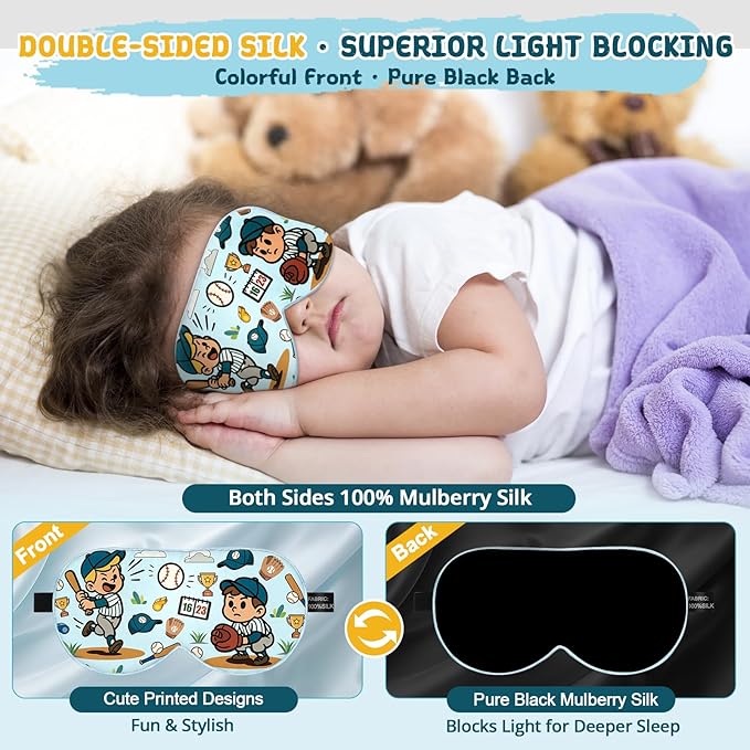 Kids Sleep Mask – 100% Mulberry Silk Eye Mask with Adjustable Strap, Soft Light Blocking Sleeping Mask for Children, Cute Printed Eye Cover for Boys Girls Ages 5-15 (Baseball Style)