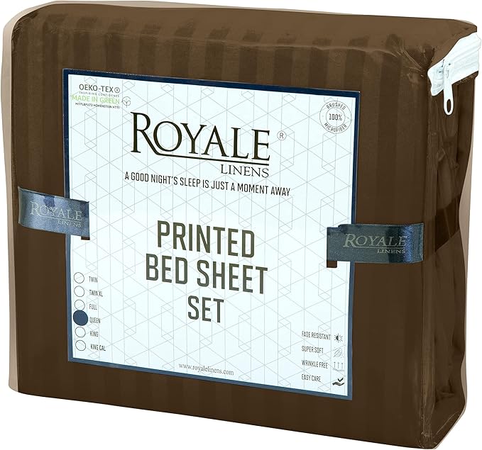 ROYALE LINENS 4 Piece King Sheets Set - Soft Brushed 1800 Microfiber - 1 Fitted, 1 Flat Sheet, 2 Pillow Cases - Wrinkle Free & Fade Resistant - Hotel Luxury Bed Sheets (Stripe Chocolate, King)