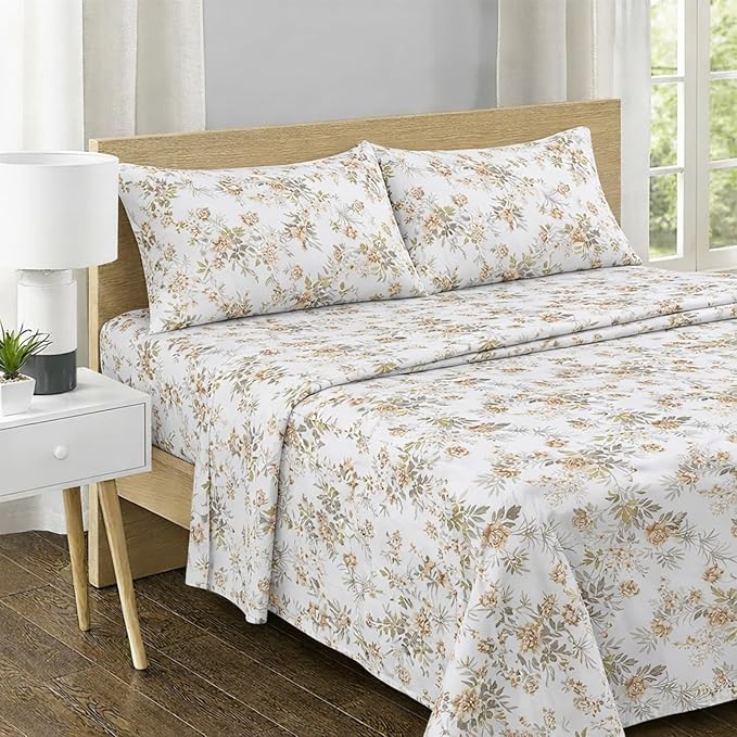 Feather & Stitch Printed 500 TC Full Size 4pc Damask Bed Sheet Set, 100% Soft Cotton Breathable Bedsheets, 18" Deep Pockets Sateen Weave Striped Bedding Mattress Resort Hotel Luxury - Rose Floral