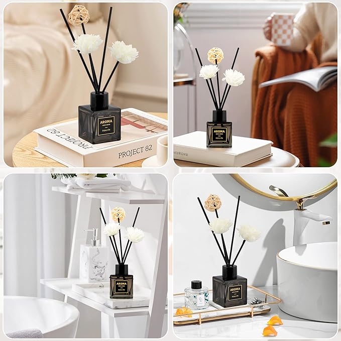 Black Glass Bottle Scent Diffuser, 1.7 oz Reed Diffuser with Sticks, Home Fragrance for Bookshelf, Bedroom Vanity, Office Desk & Bathroom Decor, Air Freshener for Aesthetic Room Decor (Rose)
