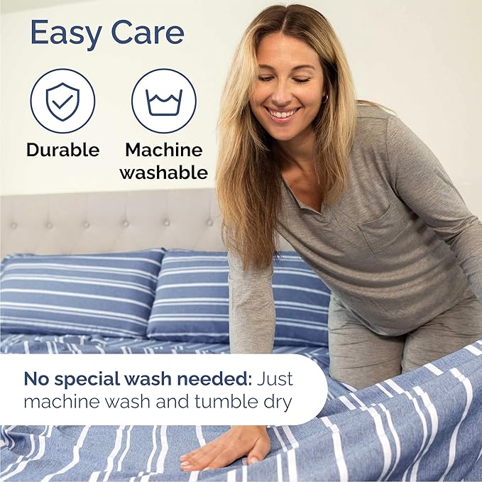 Queen Size 4 Piece Sheet Set - Comfy Breathable & Cooling Sheets - Hotel Luxury Bed Sheets for Women & Men - Deep Pockets, Easy-Fit, Soft & Wrinkle Free Sheets - Blue Stripes Oeko-Tex Bed Sheet Set