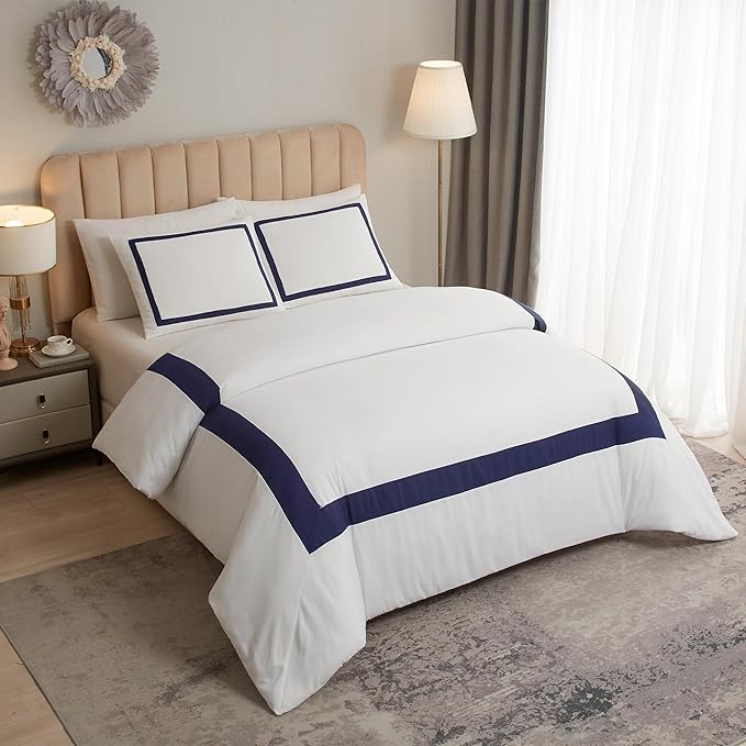OSVINO Twin Duvet Cover Set - Hotel Collection Navy Blue Line Pattern Microfiber Bedding, 2 Pieces with Pillowcase, Soft Breathable with Zipper Closure, Lightweight All-Season, Comforter Not Included