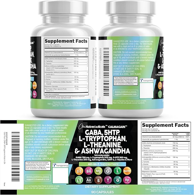 Clean Nutraceuticals GABA 750mg 5 HTP 200mg L Tryptophan 500mg L Theanine 200mg Ashwagandha SAM-e L-Glycine - Mood Support Vitamins for Women and Men with L-Tyrosine (90 Count (Pack of 2))