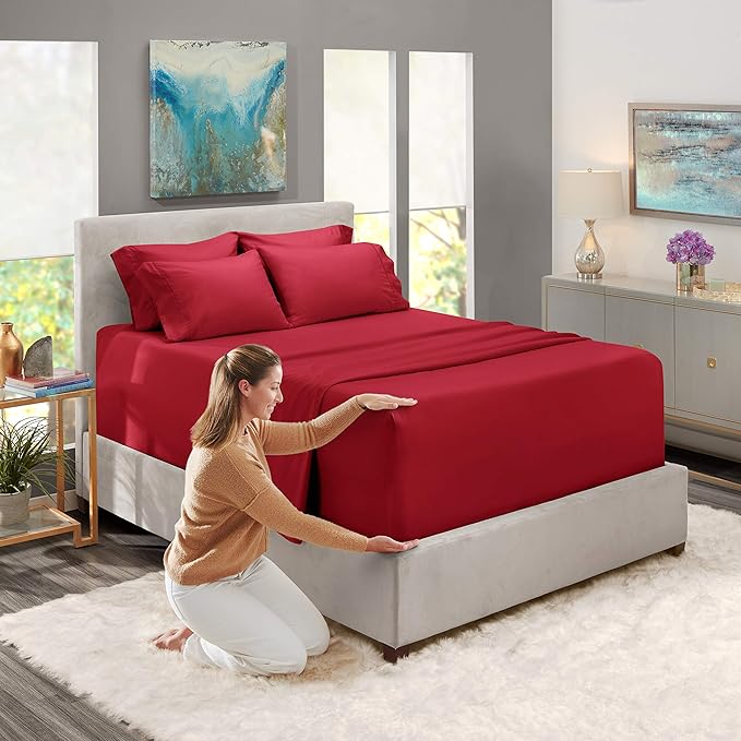 Hearth & Harbor Extra Deep Pocket Queen Sheets Sets - Fits Mattress 18-24 Inches Deep - Extra Deep Pocket Sheets - 6 Piece Queen Size - Burgundy