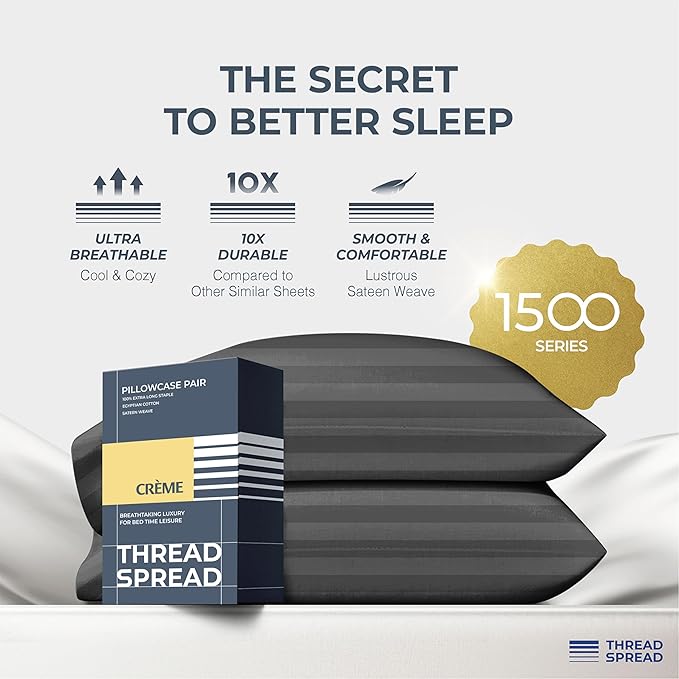 THREAD SPREAD 100% Egyptian Cotton Damask Pillow Cases Queen Size Set of 2 - Luxury 1500 Series Queen Pillow Cases (Dark Grey Stripe), Soft Cooling Envelope Closure Hotel Egyptian Cotton Pillowcases