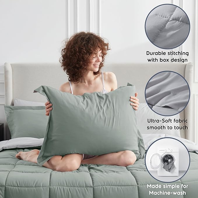 Nestl 9 Piece King Comforter Set – Sage Green Reversible Bed in a Bag – Complete King Size Bedding Set with Sheets, Set of 2 Down Alternative Pillows, Pillowcases and Shams