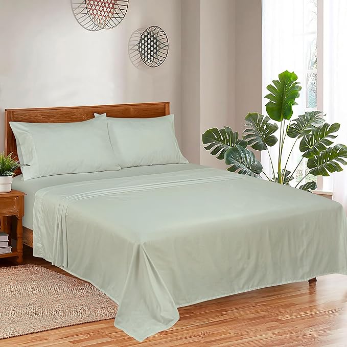 ROYALE LINENS 300 Thread Count 100% Long Staple Combed Cotton Sheet Set - 4 Piece Queen Bed Sheets - 1 Fitted, 1 Flat & 2 Pillow Cases - Soft Cool & Crisp Sheet Set (Queen, Sage)