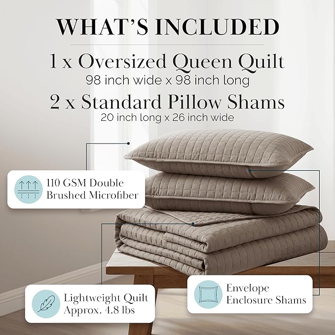 Southshore Fine Living, Inc. Quilts Full Size, Queen Size Quilt Bedding Set, Pet Hair Resistant Bedding Coverlet Queen Size, Full Size Bedspread w/ 2 Pillow Shams, Quilted Bedspread, Dark Taupe Quilts