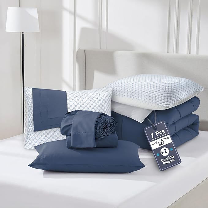 Nestl 7 Piece Twin XL Comforter Set – Navy Reversible Bed in a Bag – Complete Twin XL Size Bedding Set with Sheets, Set of 2 Cooling Pillows, Pillowcase and Sham