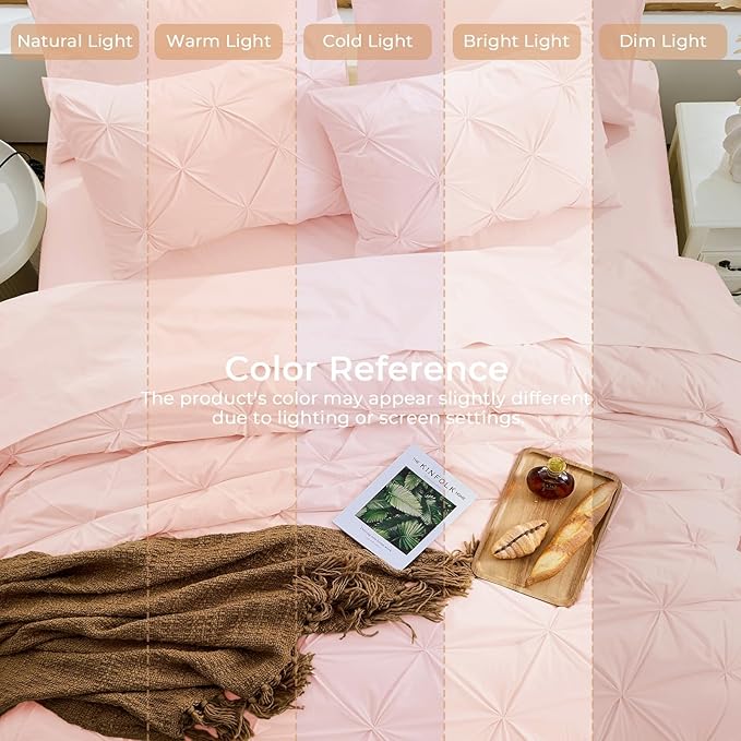 Sasttie Full Size Comforter Set, 7-Piece Bed in a Bag, Pintuck Bedding Set for All Season, Includes Comforter, Flat Sheet, Fitted Sheet, Pillowcases and Pillowshams, Blush Pink