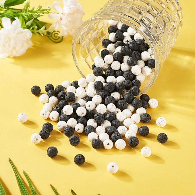 Craftdady 360 pcs 8 mm Natural Lava Beads White Black Round Stone Rock Beads Gemstone Loose Spacer Beads for Diffuser Essential Oil Jewelry Bracelet Necklace Making