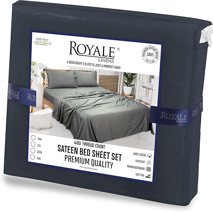 ROYALE LINENS 400 Thread Count 100% American Grown Cotton 4 Piece Sateen King Sheet Set - 1 Fitted Sheet, 1 Flat Sheet, 2 Pillow case - Grey King Bedsheet - Cotton Sheets - (King, Spanish Slate)
