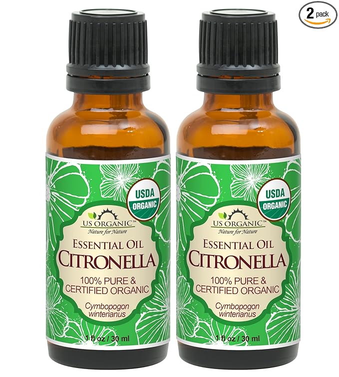 US Organic Citronella Essential Oil, USDA Certified, 100% Pure, 30 ml Pack of 2, Improved caps and droppers – Used for Skin Care, Many DIY Projects Like Candle Making and Much More