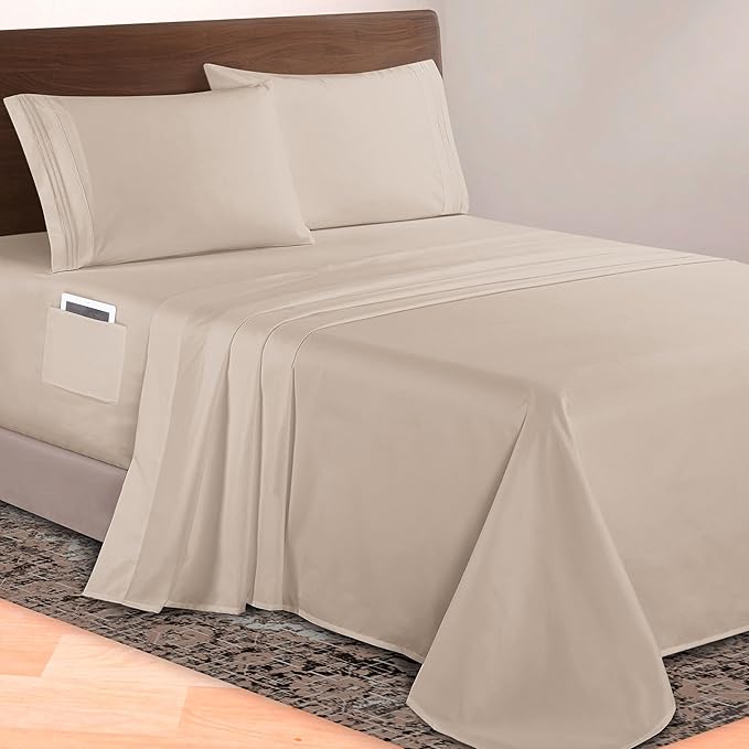 Elegant Comfort Luxurious 1500 Premium Hotel Quality Microfiber 4-Piece Sheet Set, 18-24 Inches Deep - Extra Deep Pocket Sheets - Ultra Soft 4PC Deep Pocket Sheets, Full, Cream