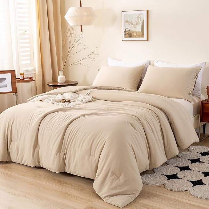 Ultra-Soft Twin/XL Bed Comforter Set, Comfy Washed Polycotton 1 Bedding Down Comforter and 1 Pillowcase Cozy Blanket Quilt Lightweight All Season for Kid Children Teens Girl Boys,Khaki Beige