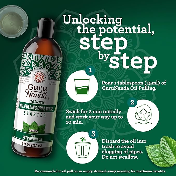 GuruNanda Starter Pulling Oil Mouthwash for Natural Teeth Whitening, Coconut and Peppermint Oil for Fresh Breath & Happy Gums, with Tongue Scraper, Alcohol-Free, 2X8 Oz (Pack of 2)
