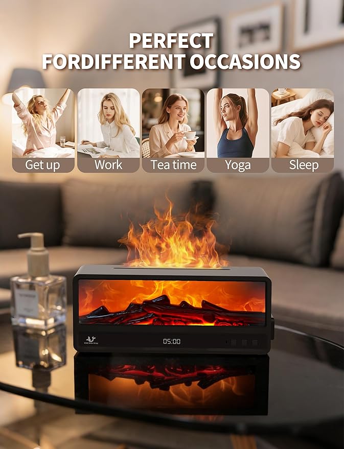 Essential Oil Diffuser, 250Ml Aromatherapy Diffuser with Realistic Flame Effect, 7 Color LED Lights, Remote Control, Quiet Mist for Bedroom Home Office (Black)