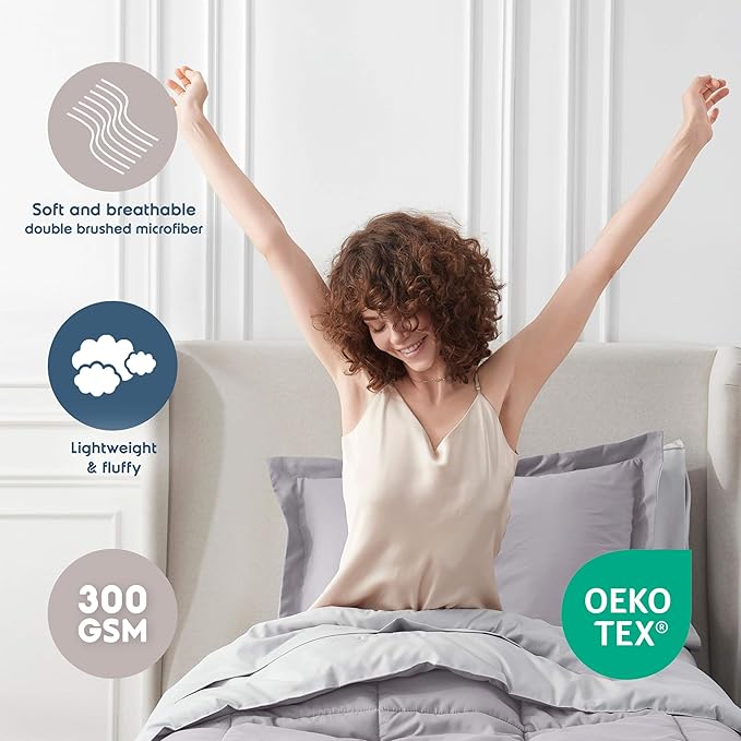 Nestl 7 Piece Twin Comforter Set – Grey Lavender Reversible Bed in a Bag – Complete Twin Size Bedding Set with Sheets, Set of 2 Down Alternative Pillows, Pillowcase and Sham
