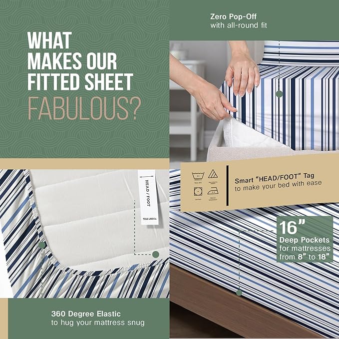 TEXAS LINEN CO. 100% Organic Cotton Printed Sheets Twin Size - 3 PC Organic Cotton Percale Sheets Twin Set (Variegated Stripe), Cooling Sheet for Dorm Room, 16" Deep Pocket - GOTS Certified