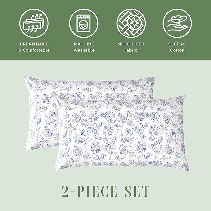 Elegant Comfort Ultra Soft Set of 2 Floral Print Pillowcases - 1500 Premium Hotel Quality Microfiber, Soft and Smooth Envelope Closure 2-Piece Pillow Covers - King, Paisley Indigo