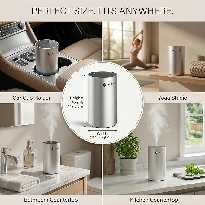 GentleJet LiteMist Waterless Nebulizing Essential Oil Diffuser – Cold Air Aromatherapy, USB-C Cordless 2000mAh Battery, Aluminum Portable for Home Office Car, 20ml