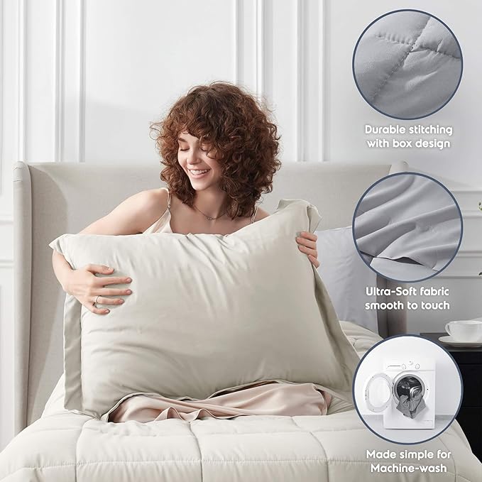 Nestl 7 Piece Twin XL Comforter Set – Off White Reversible Bed in a Bag – Complete Twin XL Size Bedding Set with Sheets, Set of 2 Down Alternative Pillows, Pillowcase and Sham